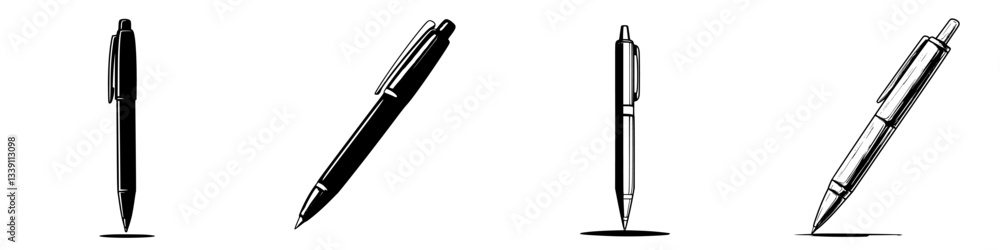 Poster different styles of ballpoint pens on a white background highlighting their design and functionality