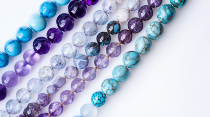 "Flat Lay of Polished Gemstone Bead Bracelets in Blue and Purple Tones
