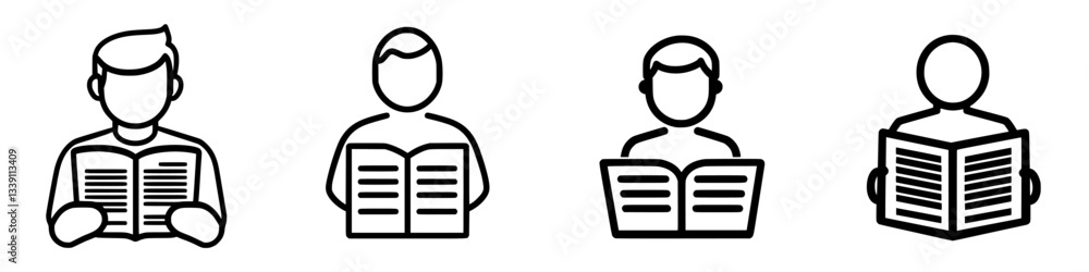 Poster group of individuals reading different materials in a minimalistic style