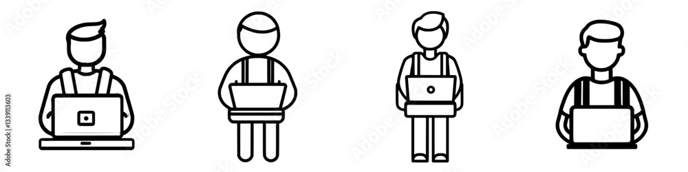 Poster digital workers engaged in various tasks with laptops in a modern workspace setting
