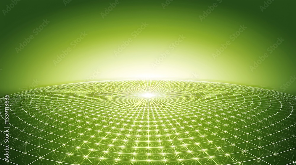 Poster futuristic green abstract background with illuminated grid texture and radiating light center