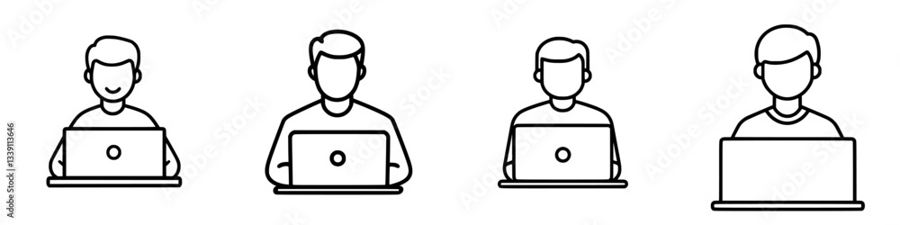 Poster individuals engaged in various activities while using laptops at a workspace