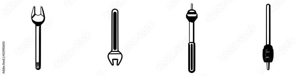 Poster collection of essential hand tools displayed in simple black and white design for diy and maintenanc