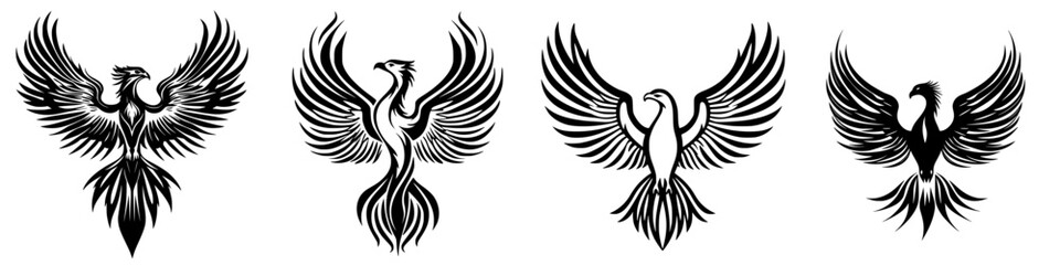 Detailed illustrations of mythical phoenix birds with elaborate wings in linear style