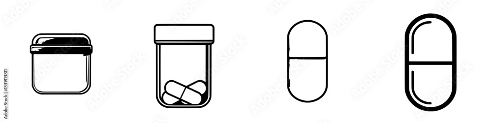 Aufkleber various types of pill containers and capsules displayed on a plain background to illustrate medicati
