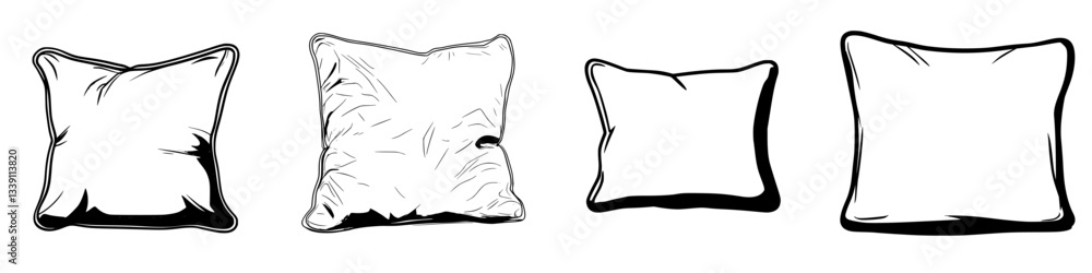 Poster different styles of decorative pillows displayed in a simple linear arrangement