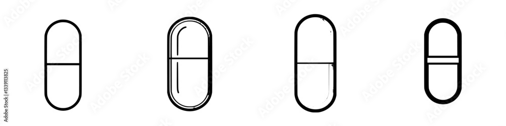 Poster different designs of capsule shapes displayed on a white background showcasing various outline style