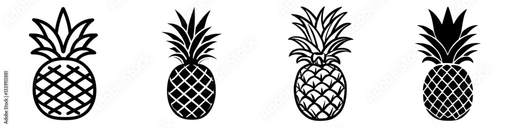 Poster different styles of pineapple illustrations shown in a minimalist black and white design arranged in