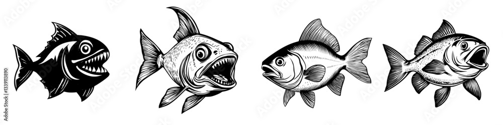 Poster artistic display of four distinct fish illustrations showcasing varied expressions and styles in a v