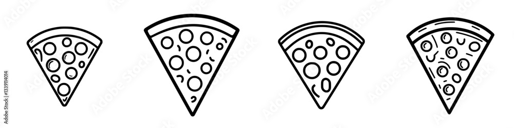 Poster different sizes of pizza slices displayed in a simple line drawing style on a white background, show