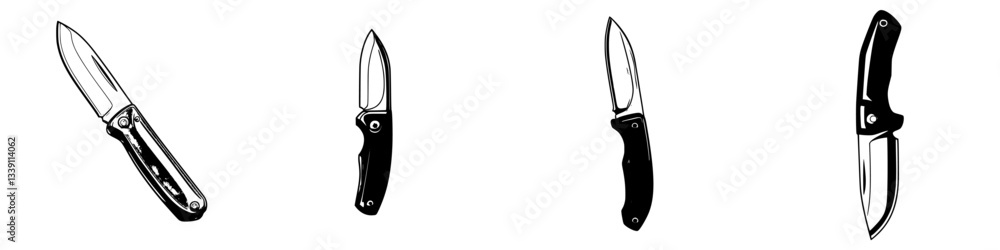 Poster collection of four distinct folding knives showcasing various design features and styles