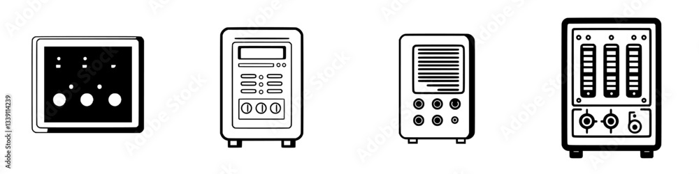 Poster various designs of electronic control panels with different layouts and button arrangements displaye