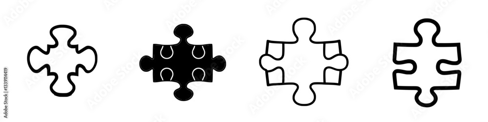 Poster different shapes of jigsaw puzzle pieces showcasing their unique designs and forms in a minimalistic