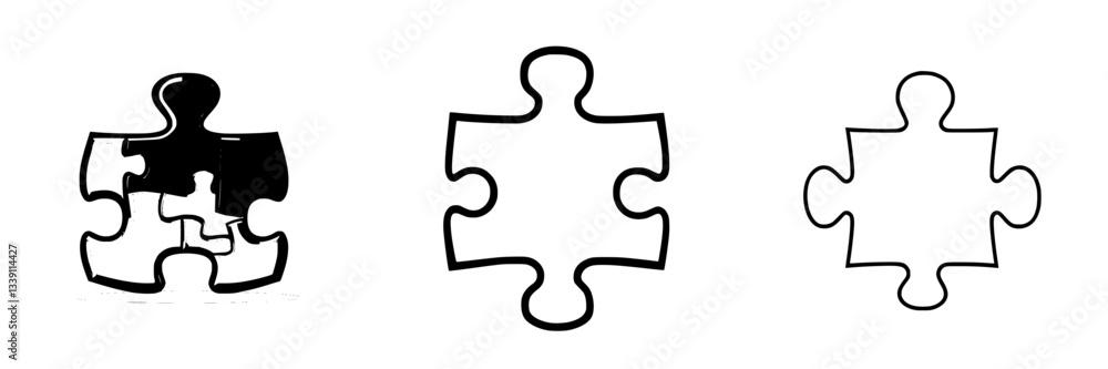 Poster different stages of a puzzle piece on a white background showcasing its design evolution and versati