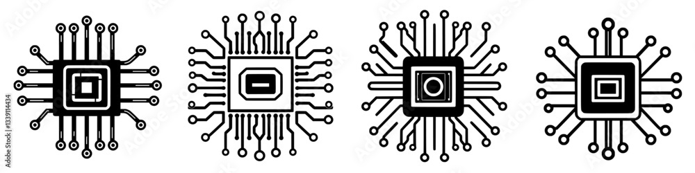 Poster collection of microchip designs showcasing intricate circuit patterns and connections in a technolog