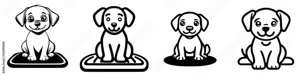 Poster various illustrations of playful puppies sitting on different mats in a minimalistic design style
