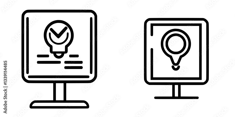 Aufkleber illustrations of digital checkmark and location pin on computer screens in a minimalist style