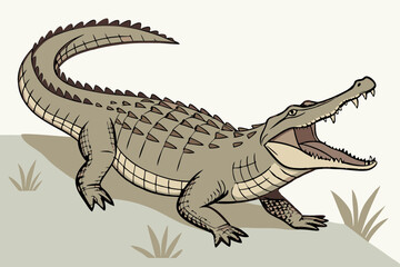 Naklejka premium Photorealistic Crocodile – Full-Body Wildlife Image with Open Mouth on White Background.