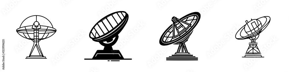 Poster different types of satellite dishes and antennas arranged in a row showcasing various designs and st