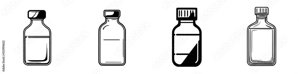 Poster variety of glass bottles arranged in a row with different shapes and contents displayed in a minimal
