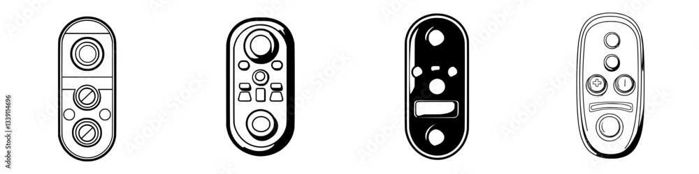 Poster different types of remote controls displayed on a white background showcasing various button layouts