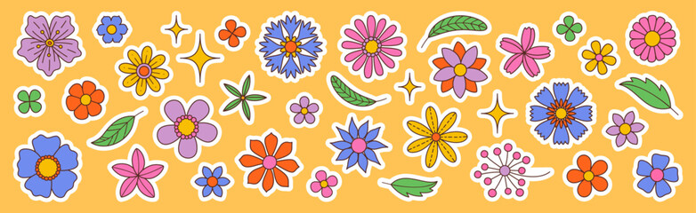 Contemporary fun groovy floral set. Hand drawn trendy flat style isolated simple naive flowers. Groovy flower Sticker pack in retro trippy style. Hippie 60s, 70s doodle style. Vector illustration