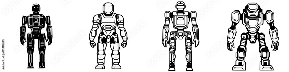 Poster concept designs of various robot characters in a modern futuristic style showcasing unique features 