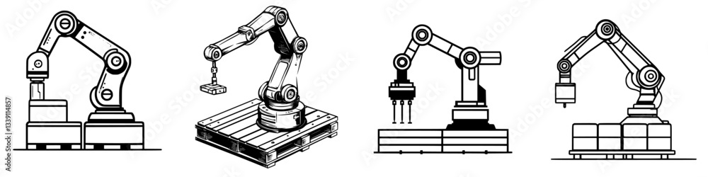 Poster different types of industrial robotic arms working in a factory setting in an illustration