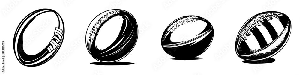 Poster different styles of rugby balls displayed in a row showcasing their unique designs and shapes in mon