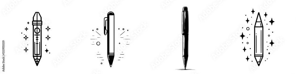 Poster various sketches of writing instruments showcasing design and style in a minimalist layout
