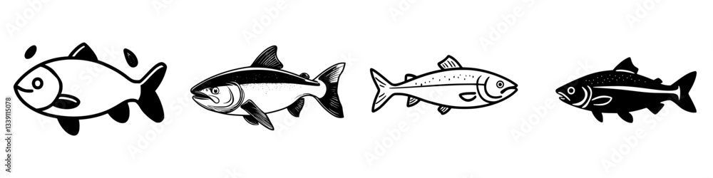 Aufkleber illustrations of various fish in different styles demonstrating aquatic diversity and unique charact