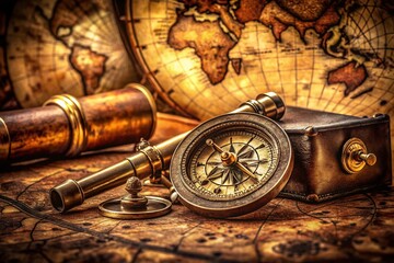 Ancient Compass on Vintage World Map with Pirate Treasures - Stock Photo