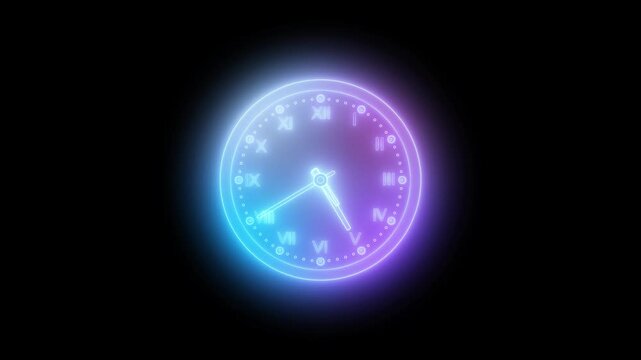 Glowing gradient rainbow neon clock animation with Roman numerals on a black background