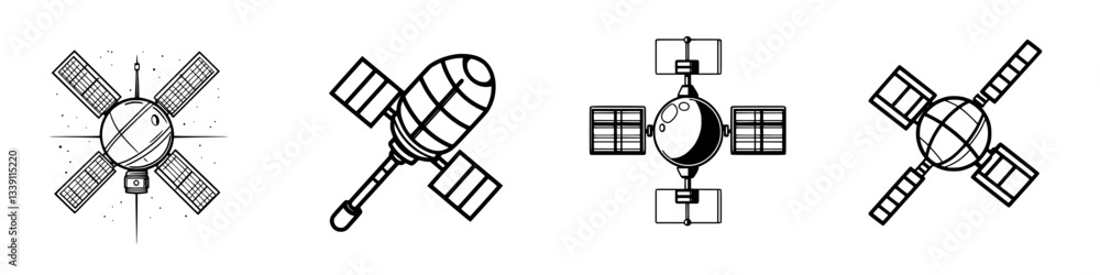 Poster four distinct satellite designs showcasing different styles and features in a monochromatic format