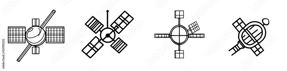 Poster various satellite designs showcasing different structures and features in a minimalist style