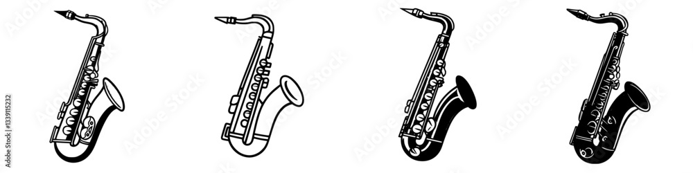 Poster different styles of saxophones displayed in a creative design showcasing musical instruments in blac