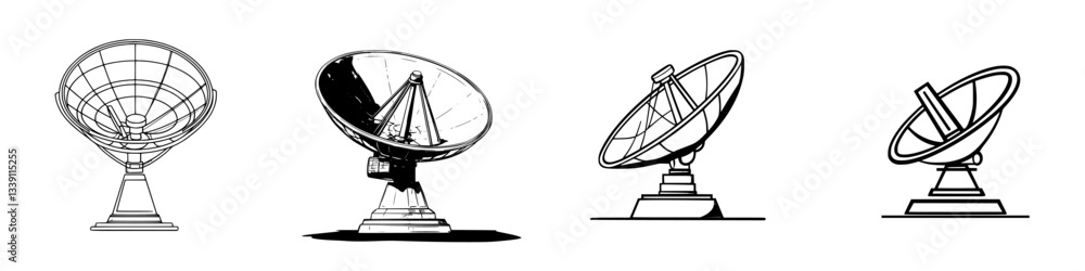 Poster different types of satellite dishes used for signal transmission and reception in various settings