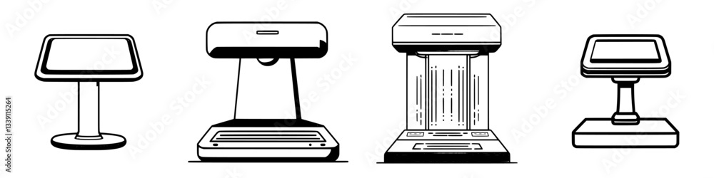 Poster various models of display kiosks designed for modern retail environments and their uses in customer 