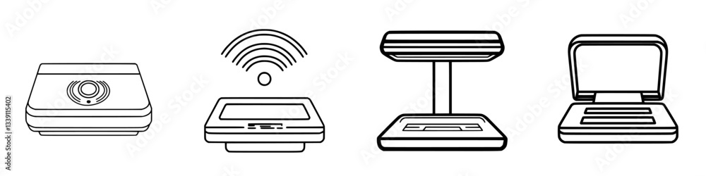 Poster different types of electronic devices including scanners and printers displayed in simple line art