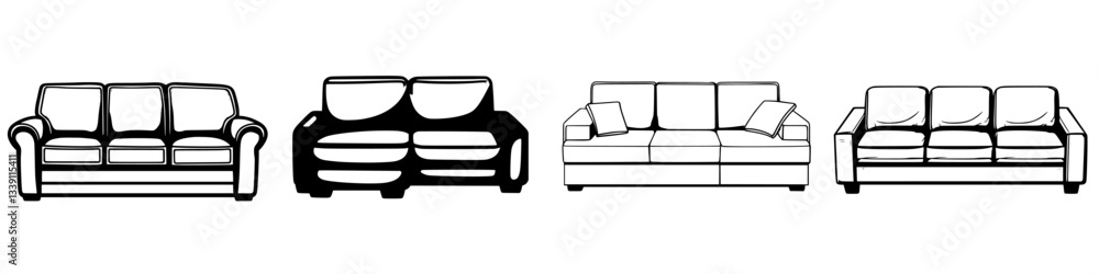 Poster different styles of sofas showcasing various designs and shapes in a modern furniture display