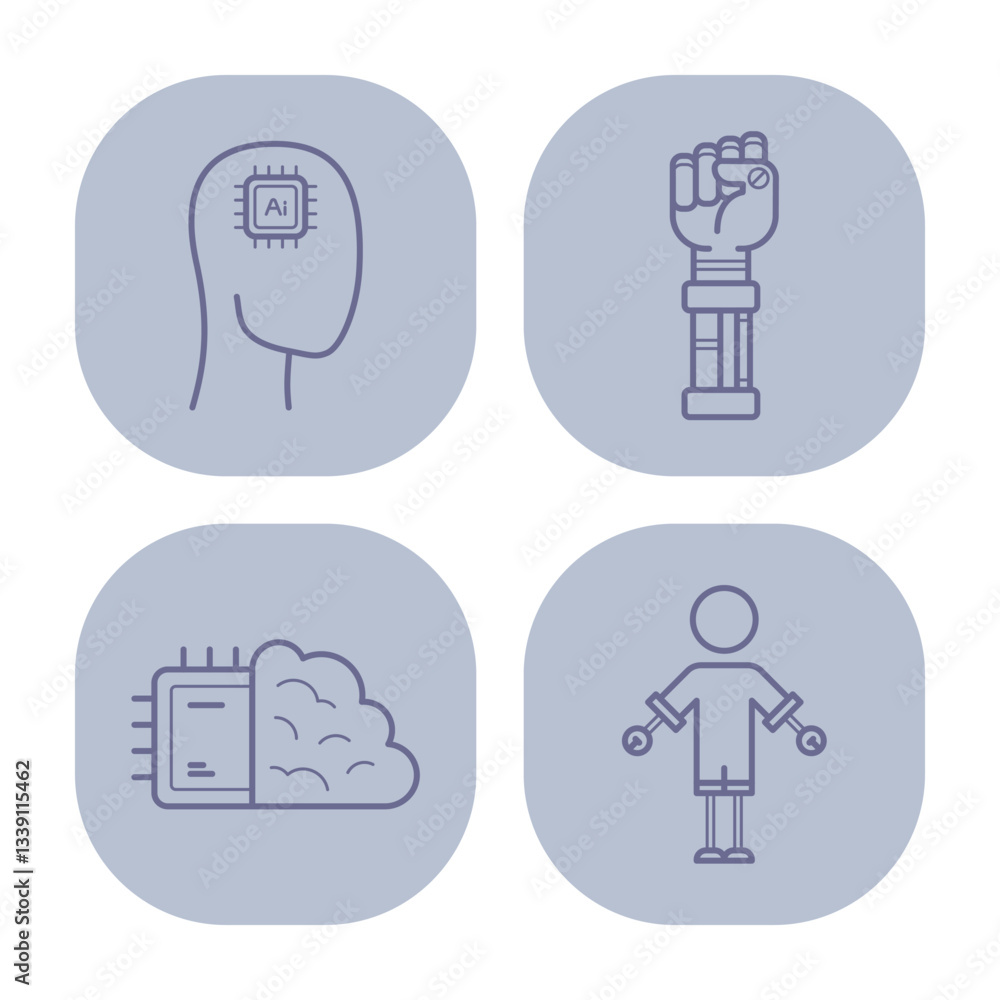 Poster collection of distinct robotic icons representing artificial intelligence, robotic hand, cloud compu