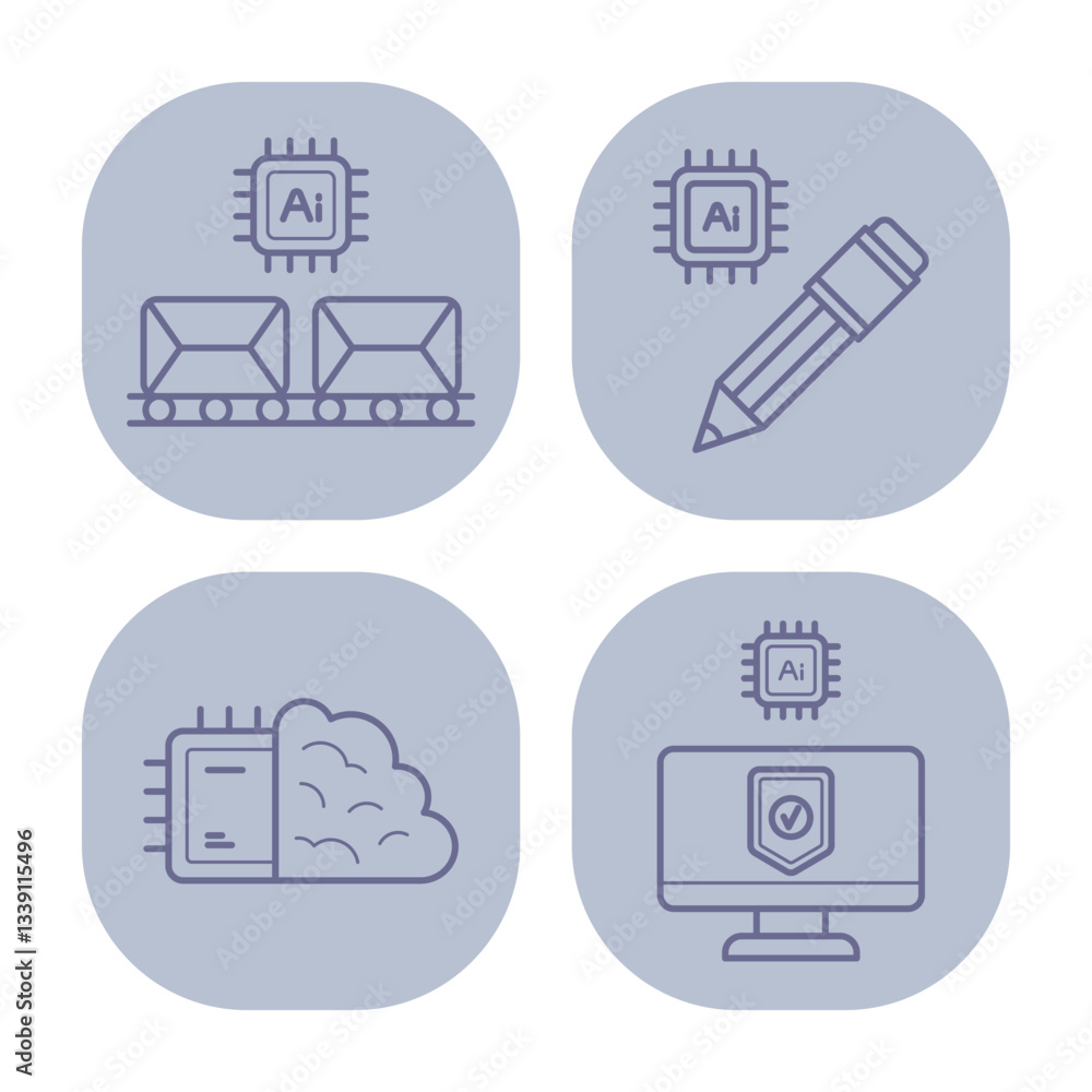 Poster robot icons of various aspects of technology and design, featuring elements like ai chips, cloud com