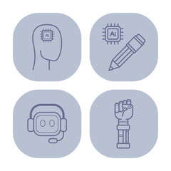 Collection of robot icons showcasing head with AI chip, pen, headset with face, and robotic hand. Robotics and artificial intelligence concept