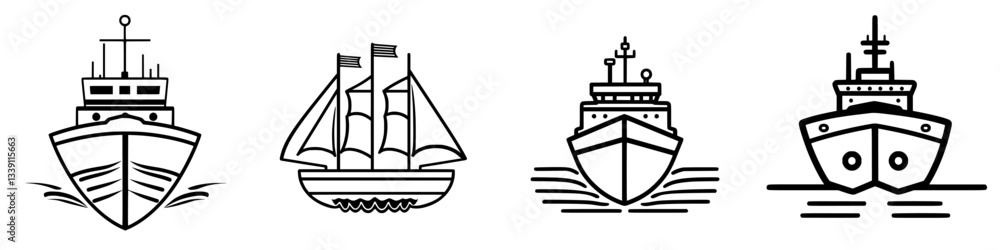 Poster various types of boats and ships illustrated in a minimalist style with distinct designs and feature