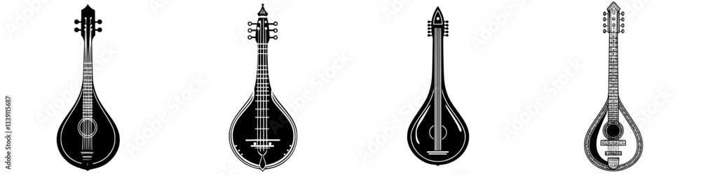Poster different styles of traditional string instruments are displayed in a row showcasing their unique de