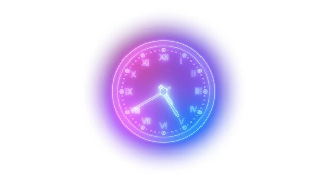 Glowing gradient rainbow neon clock animation with Roman numerals on a black background
