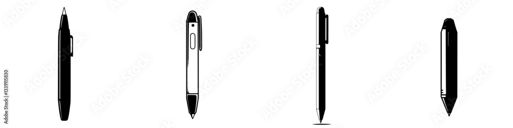 Poster different views of a pen showcasing various angles and designs in a minimalist style