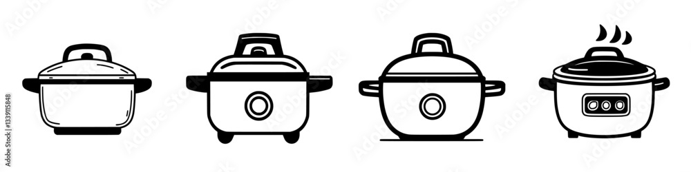Poster different types of cooking pots displayed in a row with distinctive features and designs