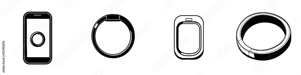 Poster various designs showcasing smart rings and their interaction with a mobile device for enhanced conne