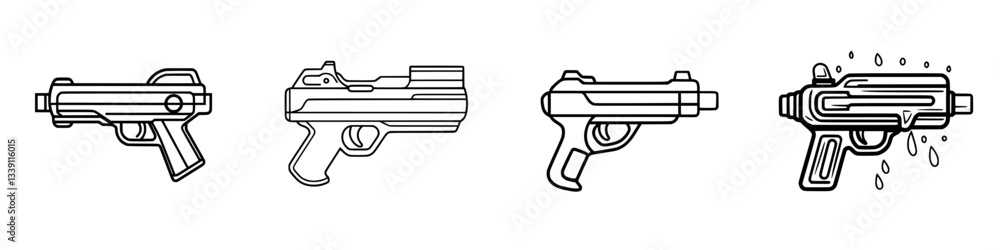 Poster different styles of handguns illustrated in a minimalist design showcasing diverse shapes and functi